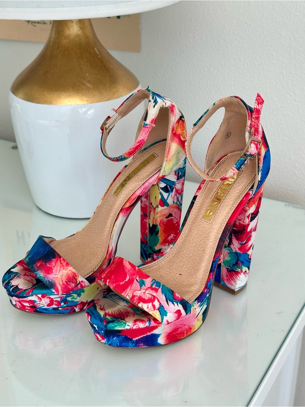 Floral Block Heel Ankle-Strap Sandals - Multicolor Size 6